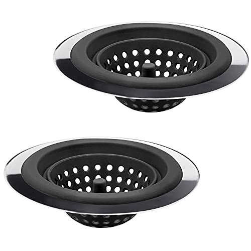 2PCS Sink Strainers,Flexible Silicone and Stainless Steel Kitchen Sink Drainer Baskets，Large Wide Rim 4.5 inch Diameter,Rust Free,Prevent Food Residues from Clogging