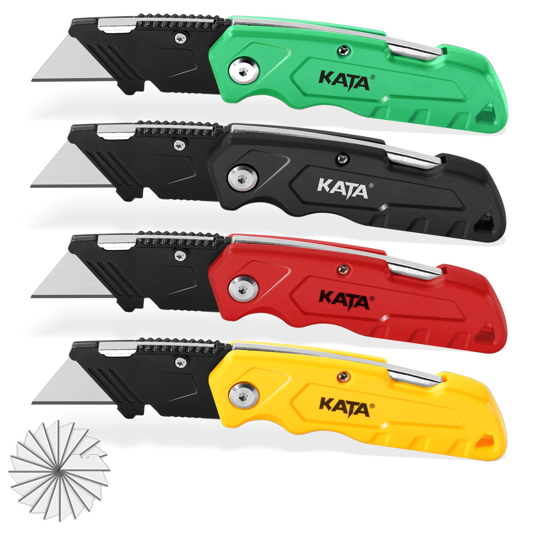 KATA 4-PACK Folding Utility Knife, Heavy Duty Box Cutter with 20pcs SK5 Quick Change Blades, Safety Lock Back Design, Used for Cutting Cartons, Cardboards and Boxes