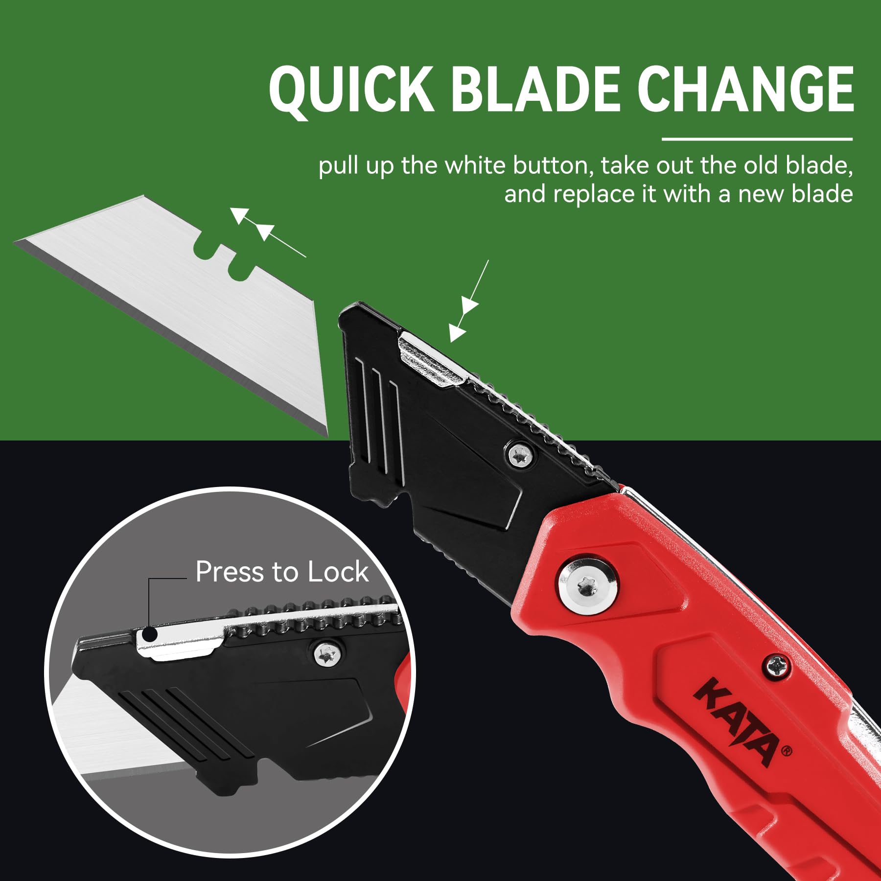 KATA 4-PACK Folding Utility Knife, Heavy Duty Box Cutter with 20pcs SK5 Quick Change Blades, Safety Lock Back Design, Used for Cutting Cartons, Cardboards and Boxes