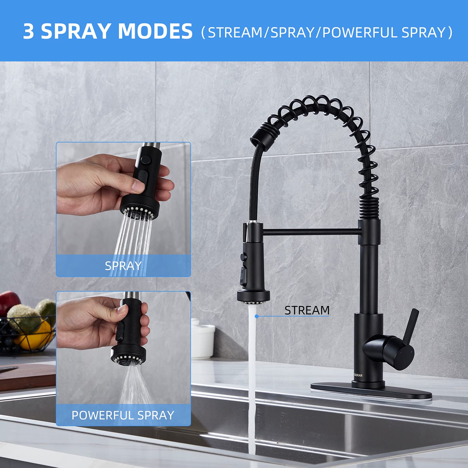 Faucet for Kitchen Sink, Black Kitchen Faucet with Pull Down Sprayer, GUUKAR Modern Commercial Spring Pull-Out Kitchen Sink Faucet