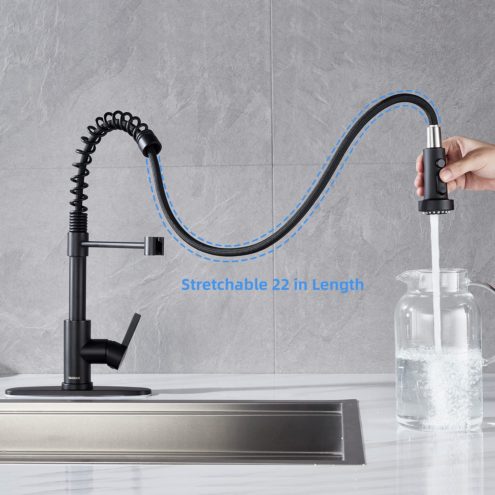 Faucet for Kitchen Sink, Black Kitchen Faucet with Pull Down Sprayer, GUUKAR Modern Commercial Spring Pull-Out Kitchen Sink Faucet