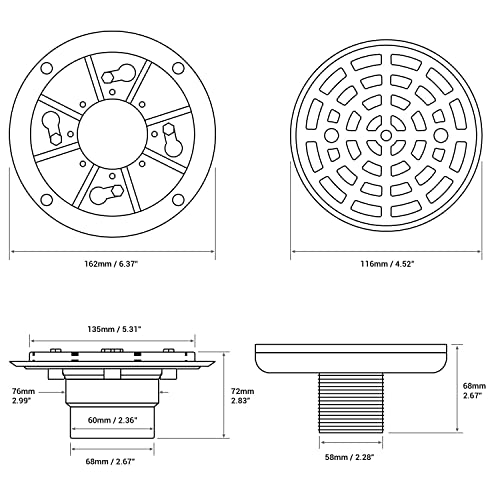 Round 4-1/4Inch Shower Drain, 304 Stainless Steel Brushed Gold Shower Floor Drain, Quadrato Pattern Grate Removable,Includes Drain Flange Kit