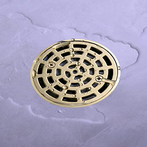 Round 4-1/4Inch Shower Drain, 304 Stainless Steel Brushed Gold Shower Floor Drain, Quadrato Pattern Grate Removable,Includes Drain Flange Kit