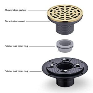 Round 4-1/4Inch Shower Drain, 304 Stainless Steel Brushed Gold Shower Floor Drain, Quadrato Pattern Grate Removable,Includes Drain Flange Kit