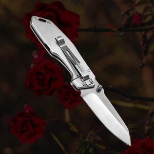 ALBATROSS 7" EDC Simple Practical Folding Knife Liner Lock Pocket Knife with 8Cr14MoV Steel Blade,Rose pattern Stainless steel Handle,Belt Clip and Orange Gift Box