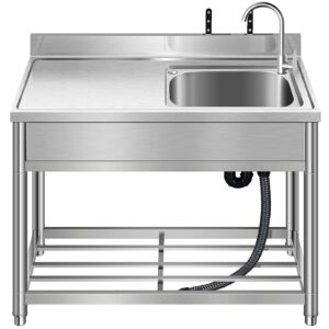 free standing stainless-steel single bowl commercial restaurant kitchen sink set w/faucet & drainboard, prep & utility washing hand basin w/workbench & storage shelves indoor outdoor (39 in)