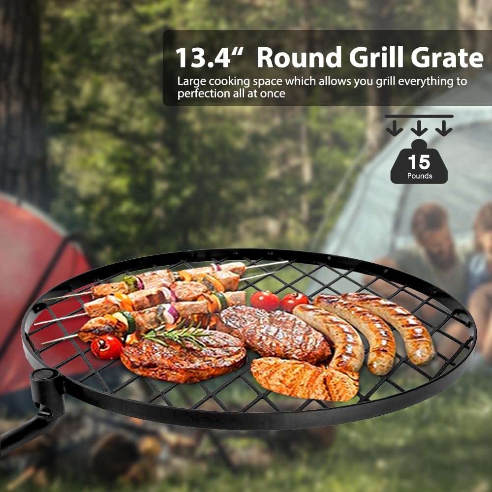 BreeRainz Swivel Campfire Grill,360° Adjustable Camp Grill Over Fire Pit Grill,Multipurpose Cooking Equipment for Camping Outdoor BBQ