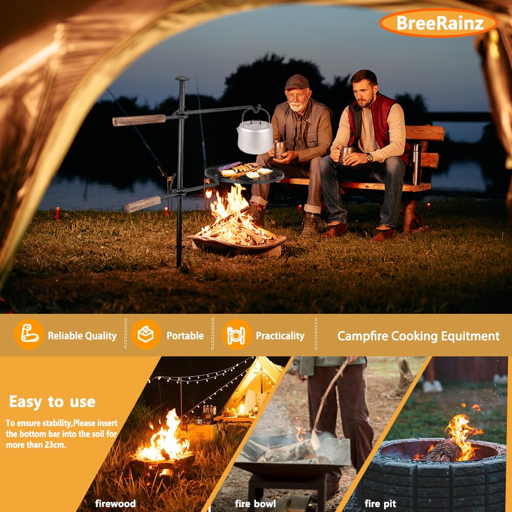 BreeRainz Swivel Campfire Grill,360° Adjustable Camp Grill Over Fire Pit Grill,Multipurpose Cooking Equipment for Camping Outdoor BBQ