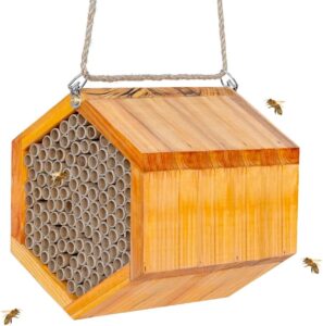 mason bee house - handmade natural wooden bee hive coated with wax for water-proof and long service life - attracts peaceful bee pollinators to your garden,carpenter bee houses for garden