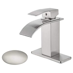 frud waterfall spout bathroom faucet single handle bath vanity sink faucet with deck mount,water supply hoses included (7.5 inch with pop up drain,nickel)
