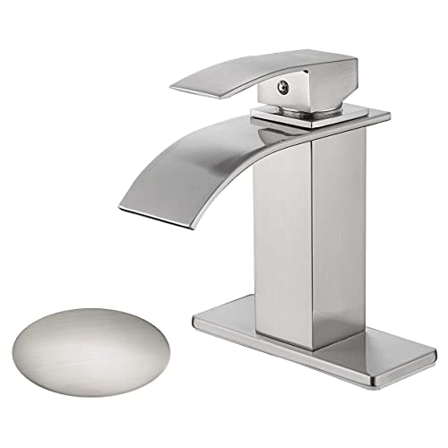 FRUD Waterfall Spout Bathroom Faucet Single Handle Bath Vanity Sink Faucet with Deck Mount,Water Supply Hoses Included (7.5 inch with Pop Up Drain,Nickel)