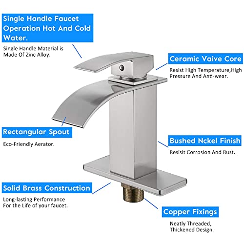 FRUD Waterfall Spout Bathroom Faucet Single Handle Bath Vanity Sink Faucet with Deck Mount,Water Supply Hoses Included (7.5 inch with Pop Up Drain,Nickel)