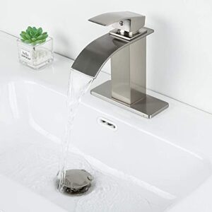 FRUD Waterfall Spout Bathroom Faucet Single Handle Bath Vanity Sink Faucet with Deck Mount,Water Supply Hoses Included (7.5 inch with Pop Up Drain,Nickel)