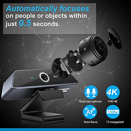 MAXHUB 4K AutoFocus Web Cameras for Computers, Streaming Webcam with Dual Microphone Plug and Play USB HD Webcam with 13MP for Pro Streaming/Online Teaching/Video Calling/Zoom/Skype