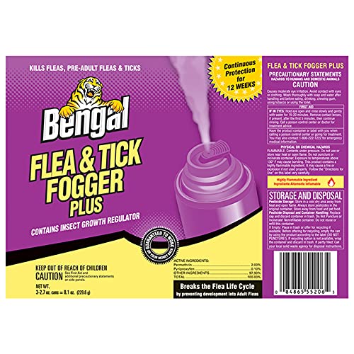 Bengal Flea and Tick Fogger Plus – 3 Pk Odorless Spray Treatment for Home Infestations – 12 Week Insect Killer, 3x2.7 oz