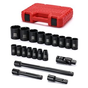 mixpower 1/2-inch drive shallow impact socket set metric size 10mm-32mm cr-v 6-point mechanic and repair project 20-piece 1/2" shallow sockets set with extension bar and universal joints