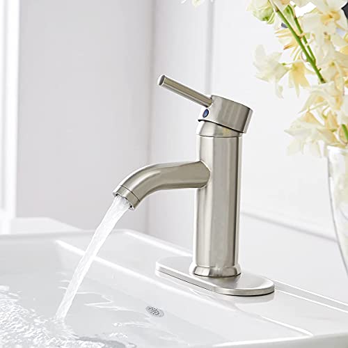 Greenspring Brushed Nickel Bathroom Faucet Single Handle One Hole Modern Vanity Sink Faucet Deck Mount Brass Commercial Lavatory Basin Bath Tap with Pop Up Drain and Cover Plate