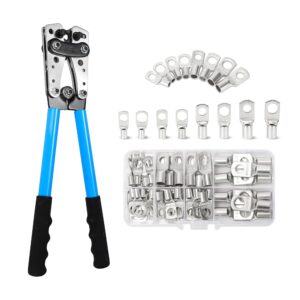 hks battery cable lug crimping tool 10-1 awg with 60pcs copper ring terminals 8 sizes cable lugs set, heavy duty wire crimper