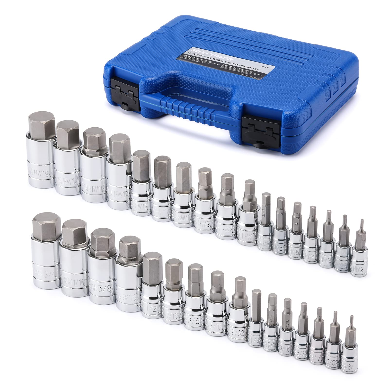 MIXPOWER 33 Piece 1/4"Drive, 3/8"Drive, 1/2"Drive Master Hex Bit Socket Set, S2 Steel, SAE And Metric, Allen Socket Bit, 5/64-inch to 3/4-inch, 2mm to 19mm Socket Tool Kit