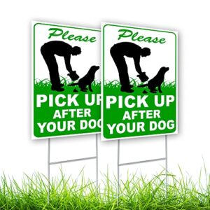 2 pc pick up after your dog sign - 8x12 double sided coroplast no pooping dog signs for yard - dog poop signs for yard - curb your dog sign