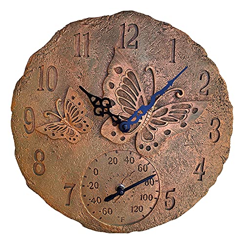 Lily's Home Hanging Wall Clock, Includes a Thermometer, Ideal for Indoor and Outdoor Use, Wonderful Housewarming Gift for Friends, or for Any Butterflies Lovers, Polyresin