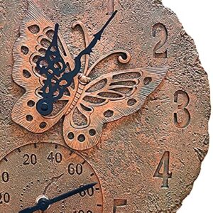 Lily's Home Hanging Wall Clock, Includes a Thermometer, Ideal for Indoor and Outdoor Use, Wonderful Housewarming Gift for Friends, or for Any Butterflies Lovers, Polyresin