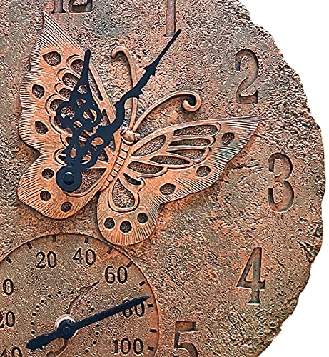 Lily's Home Hanging Wall Clock, Includes a Thermometer, Ideal for Indoor and Outdoor Use, Wonderful Housewarming Gift for Friends, or for Any Butterflies Lovers, Polyresin