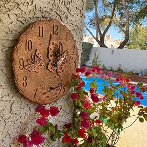 Lily's Home Hanging Wall Clock, Includes a Thermometer, Ideal for Indoor and Outdoor Use, Wonderful Housewarming Gift for Friends, or for Any Butterflies Lovers, Polyresin