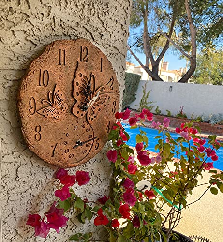 Lily's Home Hanging Wall Clock, Includes a Thermometer, Ideal for Indoor and Outdoor Use, Wonderful Housewarming Gift for Friends, or for Any Butterflies Lovers, Polyresin