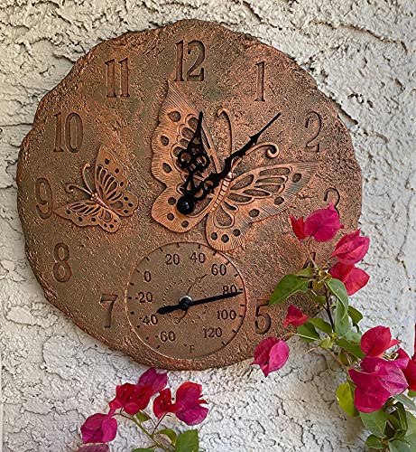 Lily's Home Hanging Wall Clock, Includes a Thermometer, Ideal for Indoor and Outdoor Use, Wonderful Housewarming Gift for Friends, or for Any Butterflies Lovers, Polyresin
