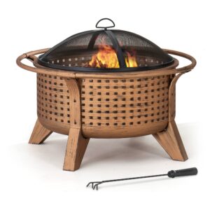 sunjoy fire pit 30 in. outdoor wood-burning fire pit, patio woven round steel firepit large fire pits for outside with spark screen and poker