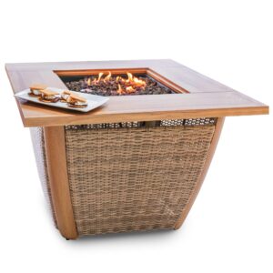 sunjoy 38 in fire pit table, patio propane gas burning brown all-weather wicker firepits large fire table with lid for outside by ambercove