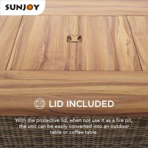 Sunjoy 38 in Fire Pit Table, Patio Propane Gas Burning Brown All-Weather Wicker Firepits Large Fire Table with Lid for Outside by AmberCove