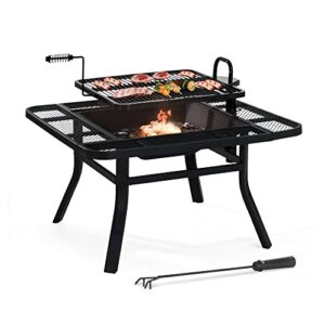 sunjoy 38 in. fire pit for outside, square wood burning firepit large steel fire pits with adjustable cooking swivel bbq grill and fire poker black