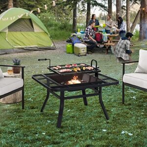 Sunjoy 38 in. Fire Pit for Outside, Square Wood Burning Firepit Large Steel Fire Pits with Adjustable Cooking Swivel BBQ Grill and Fire Poker Black