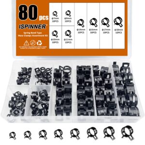 ispinner 80pcs spring band type fuel/silicone vacuum hose pipe clamp, 7mm-18mm low pressure air clip clamp 7mm 9mm 10mm 11mm 14mm 16mm 17mm 18mm (black)