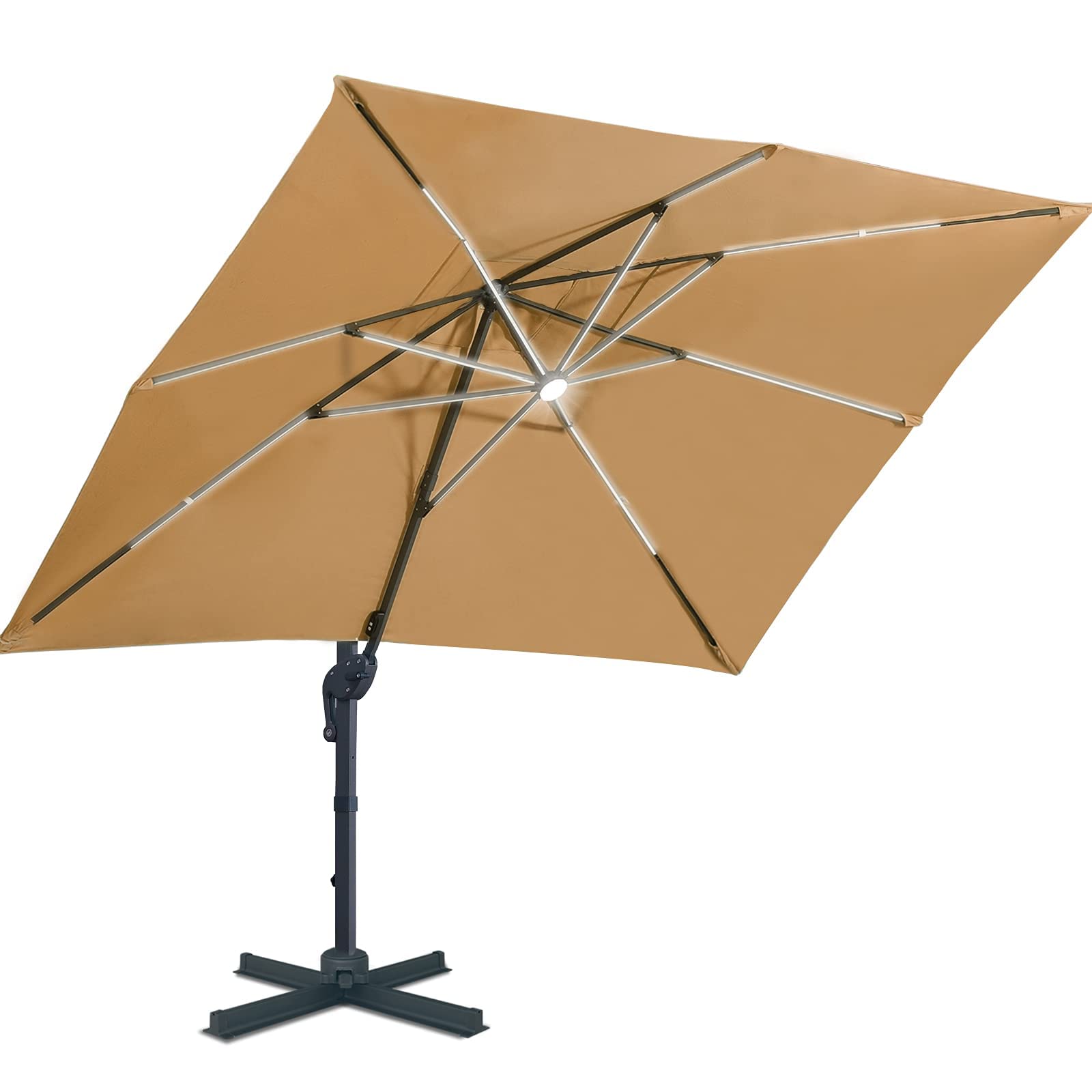 Sunnyglade 10x13ft Solar Powered LED Cantilever Patio Umbrella Square Deluxe Offset Umbrella 360°Rotation & Integrated Tilting System & LED lights for Market Garden Deck Pool Backyard Patio