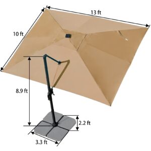 Sunnyglade 10x13ft Solar Powered LED Cantilever Patio Umbrella Square Deluxe Offset Umbrella 360°Rotation & Integrated Tilting System & LED lights for Market Garden Deck Pool Backyard Patio