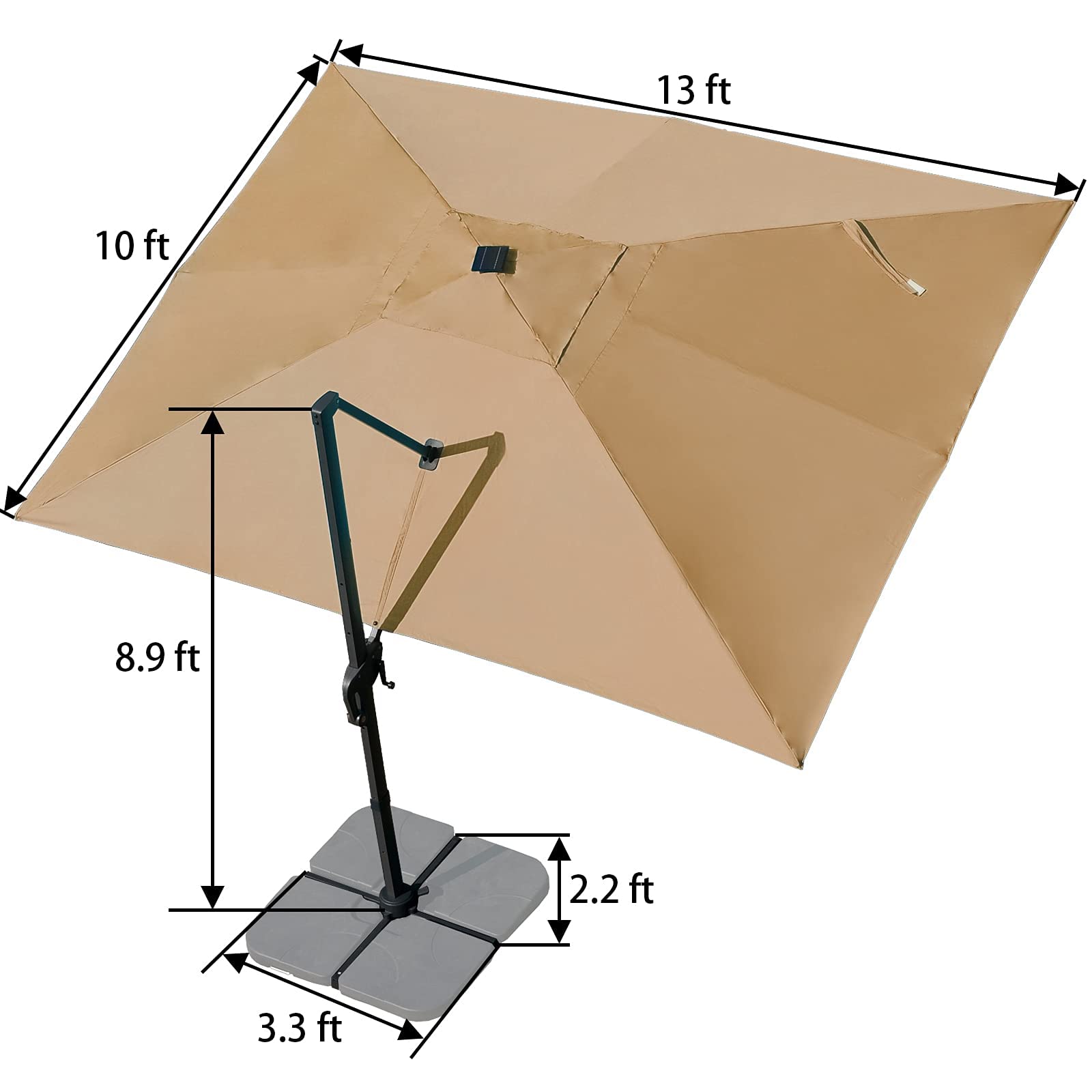 Sunnyglade 10x13ft Solar Powered LED Cantilever Patio Umbrella Square Deluxe Offset Umbrella 360°Rotation & Integrated Tilting System & LED lights for Market Garden Deck Pool Backyard Patio