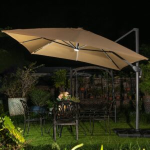 Sunnyglade 10x13ft Solar Powered LED Cantilever Patio Umbrella Square Deluxe Offset Umbrella 360°Rotation & Integrated Tilting System & LED lights for Market Garden Deck Pool Backyard Patio