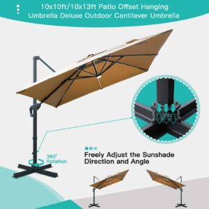 Sunnyglade 10x13ft Solar Powered LED Cantilever Patio Umbrella Square Deluxe Offset Umbrella 360°Rotation & Integrated Tilting System & LED lights for Market Garden Deck Pool Backyard Patio