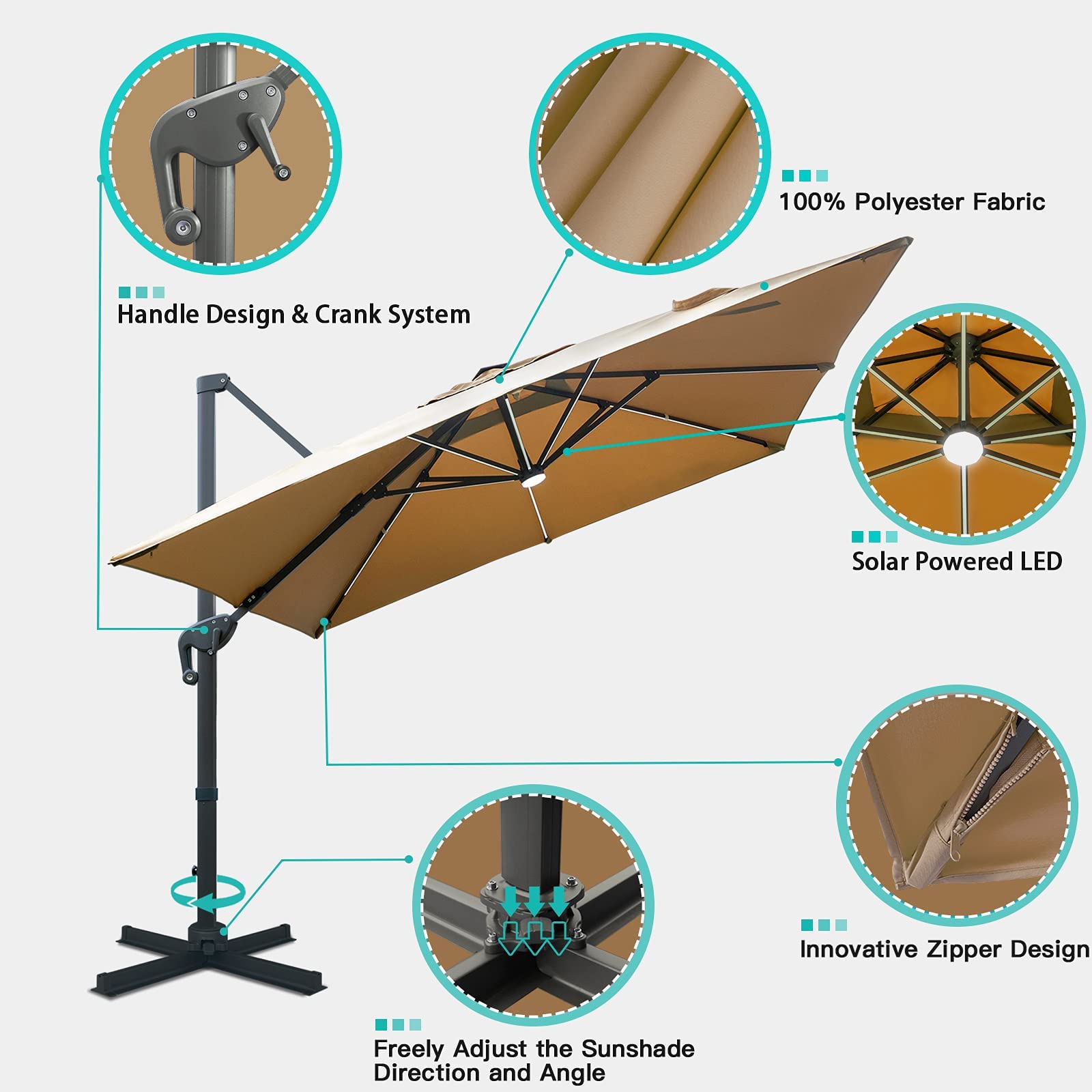 Sunnyglade 10x13ft Solar Powered LED Cantilever Patio Umbrella Square Deluxe Offset Umbrella 360°Rotation & Integrated Tilting System & LED lights for Market Garden Deck Pool Backyard Patio