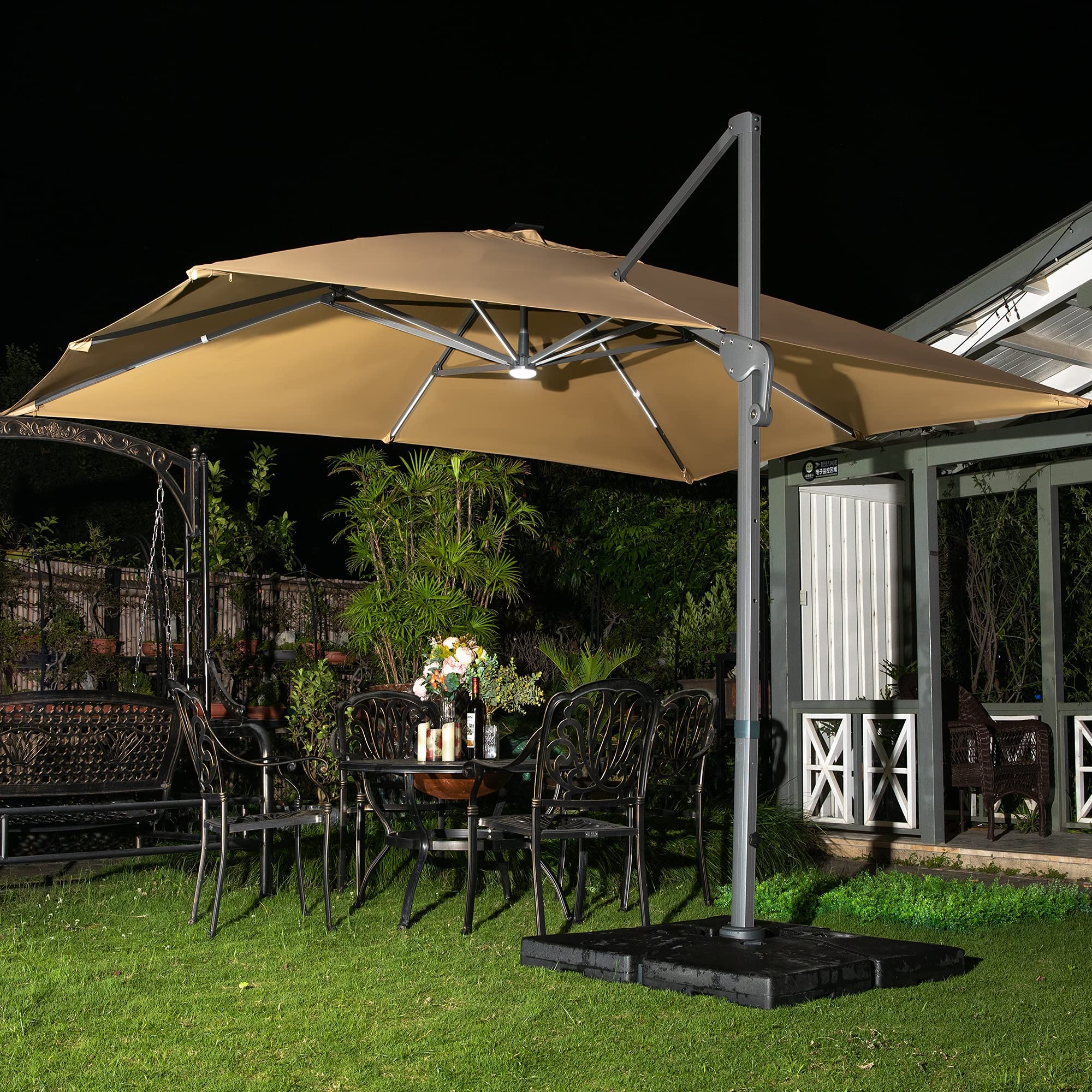 Sunnyglade 10x13ft Solar Powered LED Cantilever Patio Umbrella Square Deluxe Offset Umbrella 360°Rotation & Integrated Tilting System & LED lights for Market Garden Deck Pool Backyard Patio