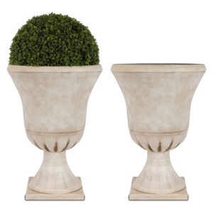 worth garden plastic urn planters for outdoor plants, tree 22'' tall 2 pack round classic resin flower pots indoor beige traditional front porch 15 in dia. large imitation stone decorative patio deck