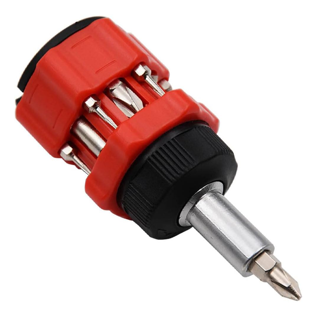 Ratchet Stubby Screwdriver, Liangery Short Stubby Screwdriver Set with Multi Bits in Red Stubby Ratcheting Screwdriver Nut Drivers with Sloted and Phillips Multibits 14 in 1