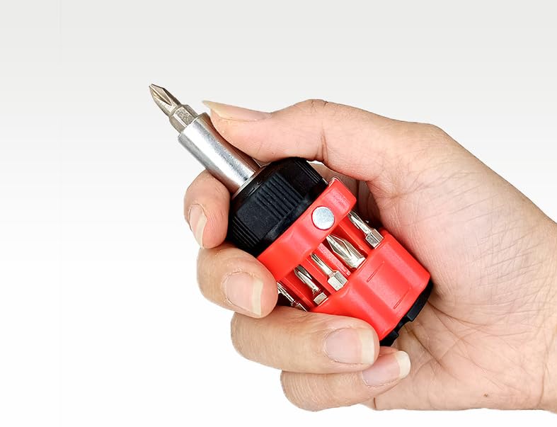 Ratchet Stubby Screwdriver, Liangery Short Stubby Screwdriver Set with Multi Bits in Red Stubby Ratcheting Screwdriver Nut Drivers with Sloted and Phillips Multibits 14 in 1