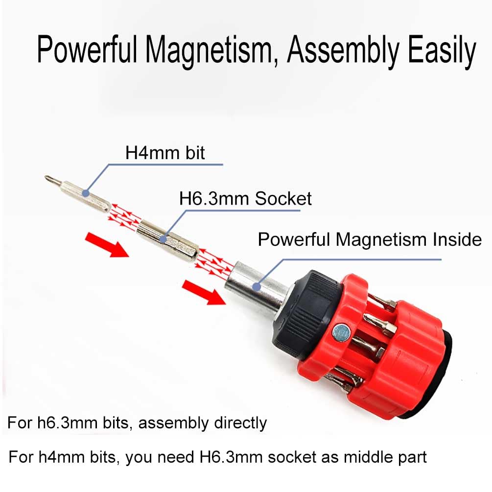 Ratchet Stubby Screwdriver, Liangery Short Stubby Screwdriver Set with Multi Bits in Red Stubby Ratcheting Screwdriver Nut Drivers with Sloted and Phillips Multibits 14 in 1