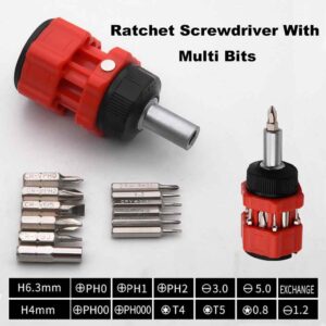 Ratchet Stubby Screwdriver, Liangery Short Stubby Screwdriver Set with Multi Bits in Red Stubby Ratcheting Screwdriver Nut Drivers with Sloted and Phillips Multibits 14 in 1