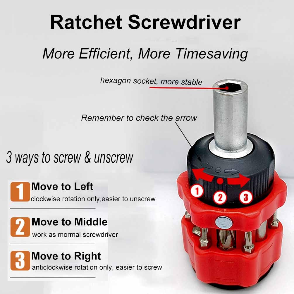 Ratchet Stubby Screwdriver, Liangery Short Stubby Screwdriver Set with Multi Bits in Red Stubby Ratcheting Screwdriver Nut Drivers with Sloted and Phillips Multibits 14 in 1