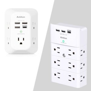 surge protector 5 outlet extender with 4 usb charging ports (1 usb c outlet) 3 sided 1800j power strip and addtam surge protector wall mount with 12 outlet extender- 3 sides and 3 usb ports (1 usb-c)